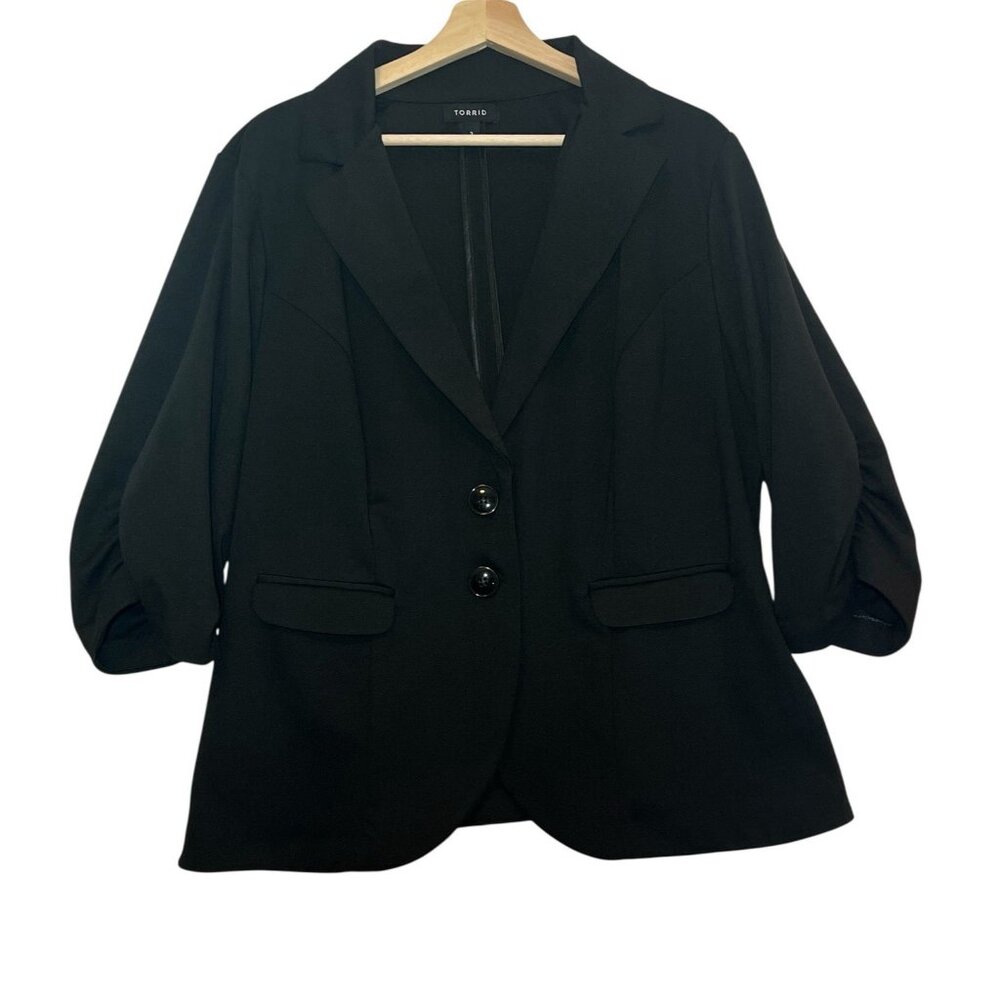 Torrid 3 Women Blazer Plus Size 3X Black 3/4 Ruched Sleeve Vintage Buttons